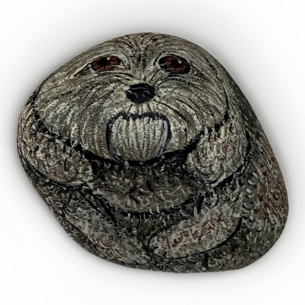 Vintage Maltese Terrier Dog Puppy Hand Painted Rock Stone Signed 4” - Picture 1 of 7